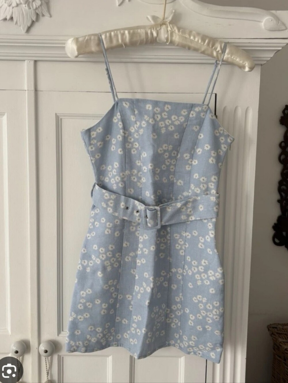 Zara Baby Blue Floral Print Belted Mini Dress 💯 Cotton 90s Lolita Coquette S/M